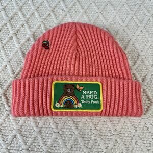 Teddy Fresh Beanie Pink Knit “Need A Hug” Bear Patch Rainbow Embroidery